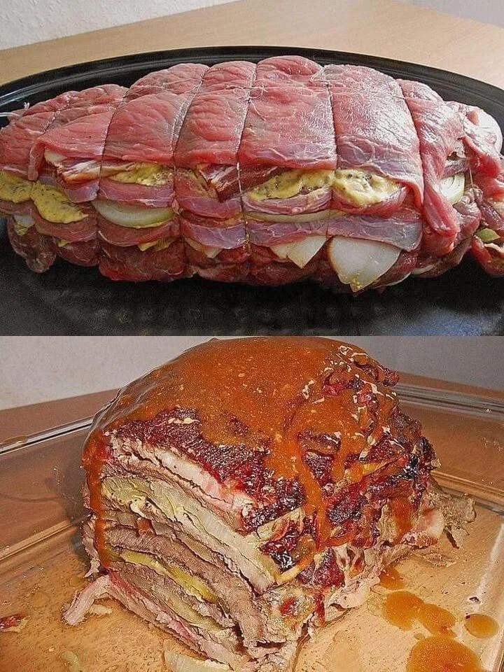 Schichtbraten in Senfsauce auf einem Teller serviert