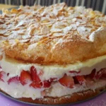 Schneemousse-Erdbeertorte mit frischen Erdbeeren und dekorativer Sahne