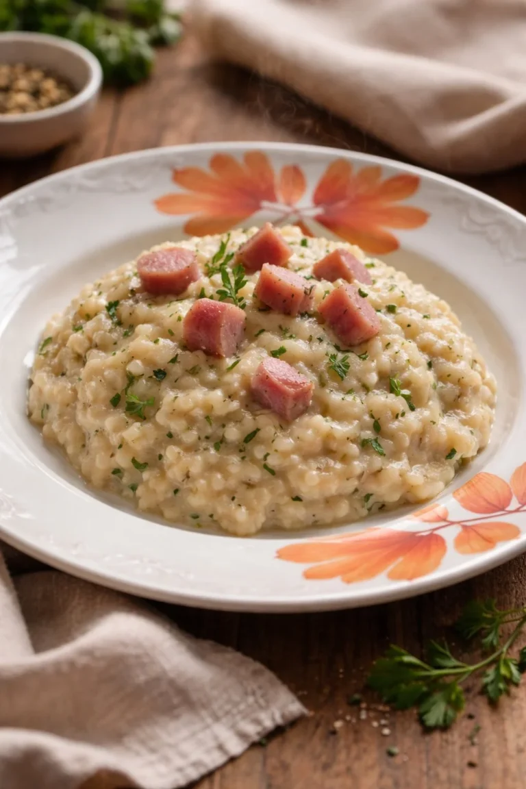 Schnelles und cremiges Risotto mit Zucchini-Creme und Wurst auf einem Teller