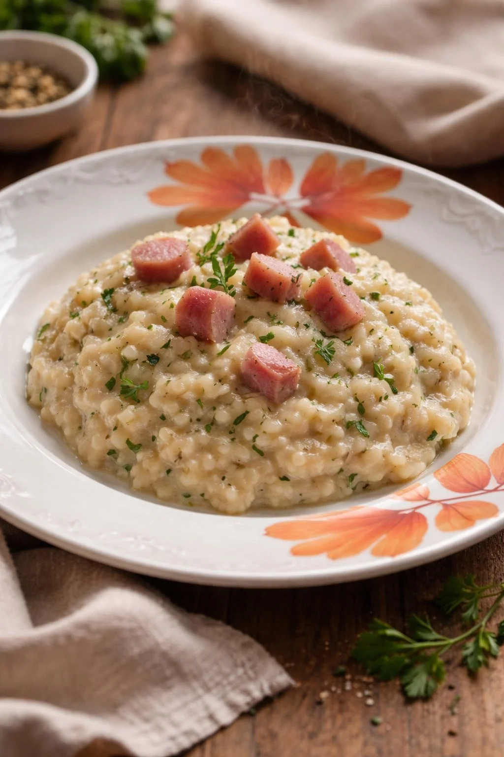 Schnelles und cremiges Risotto mit Zucchini-Creme und Wurst auf einem Teller