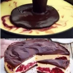 Schwarzwälder-Käse-Torte mit Schokolade und Kirschen auf einer weißen Platte