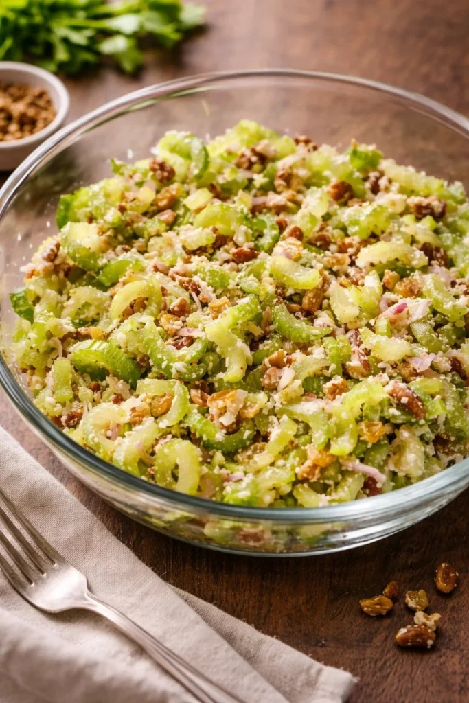 Frischer Selleriesalat mit knackigem Gemüse und Dressing.