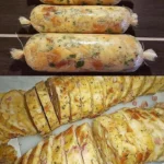 Serviettenknödel serviert auf einem Teller mit Beilagen