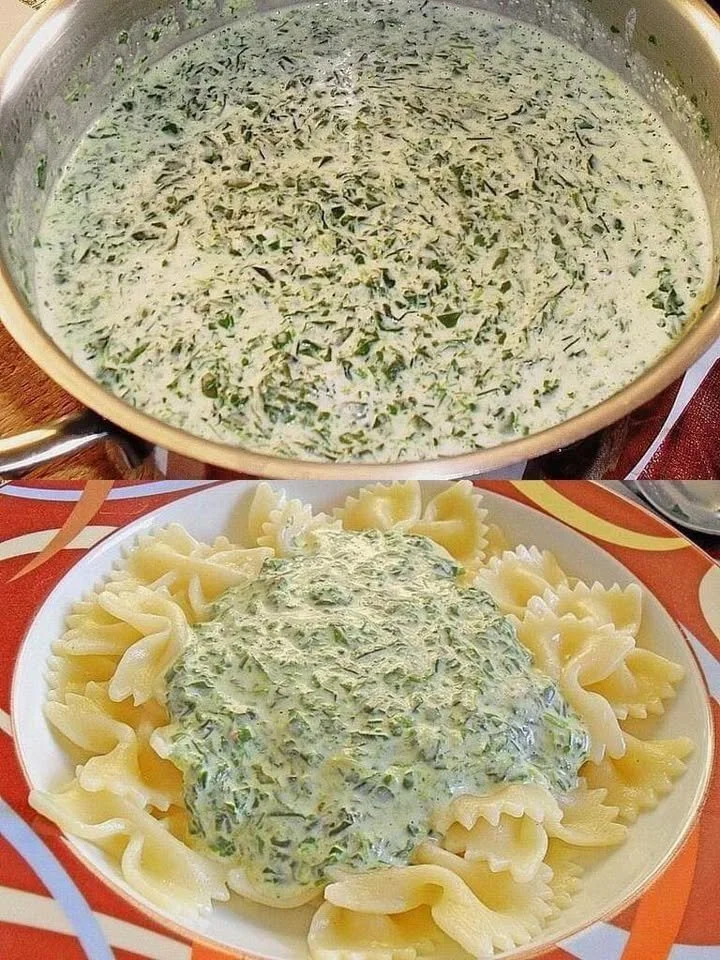 Cremige Spinat Frischkäse Soße serviert mit Pasta