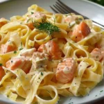 Tagliatelle mit Lachs und frischen Kräutern auf einem Teller