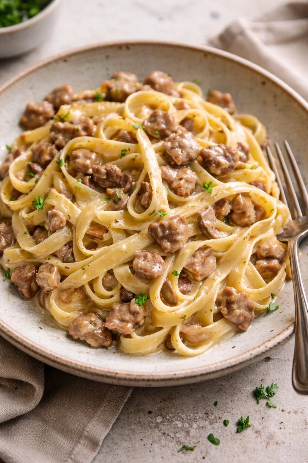 Tagliatelle mit Steinpilzen und Würstchen auf einem Teller