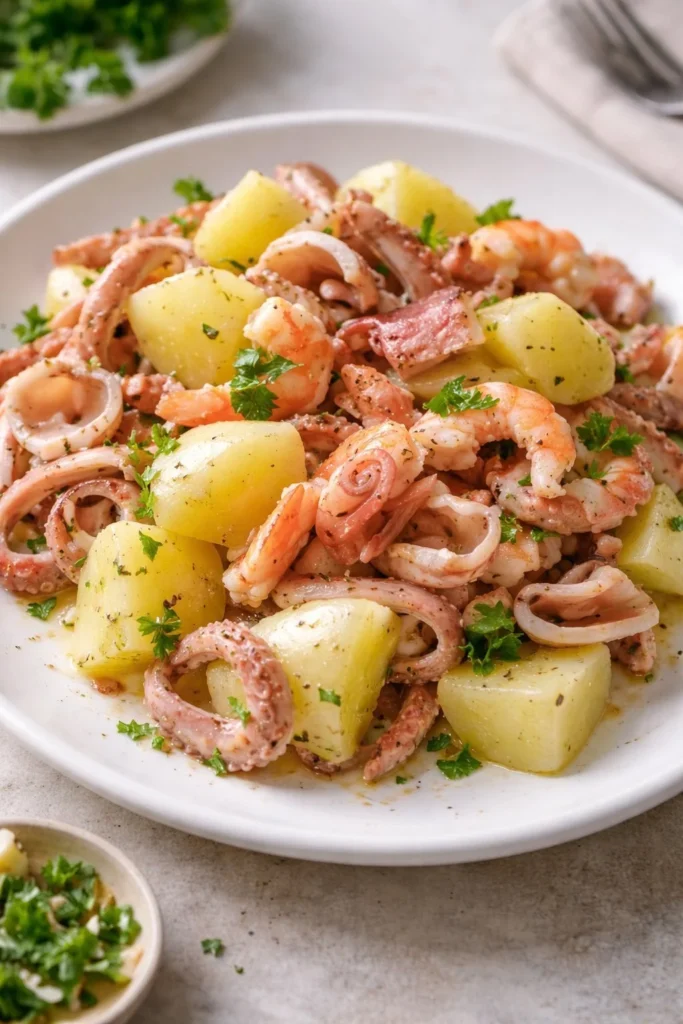 Tintenfischsalat mit Garnelen und Kartoffeln auf einem Teller serviert