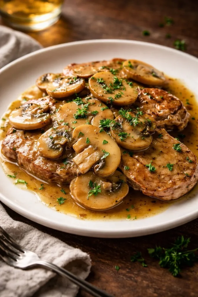 Traumhafte Scaloppine mit Pilzsauce und Safran auf einem Teller