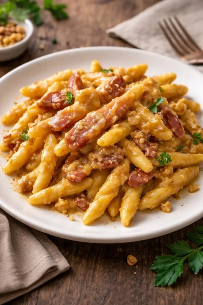 Trofie mit Paprikacreme, Speck und Walnüssen auf einem Teller angerichtet