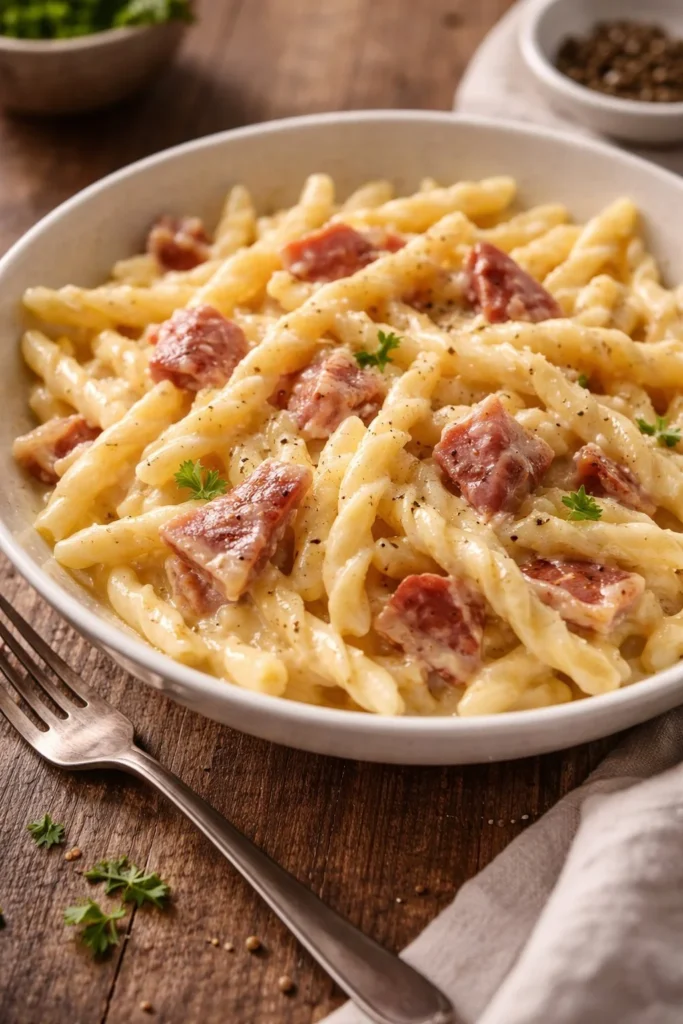 Trofie mit Speck und Provola auf einem Teller serviert