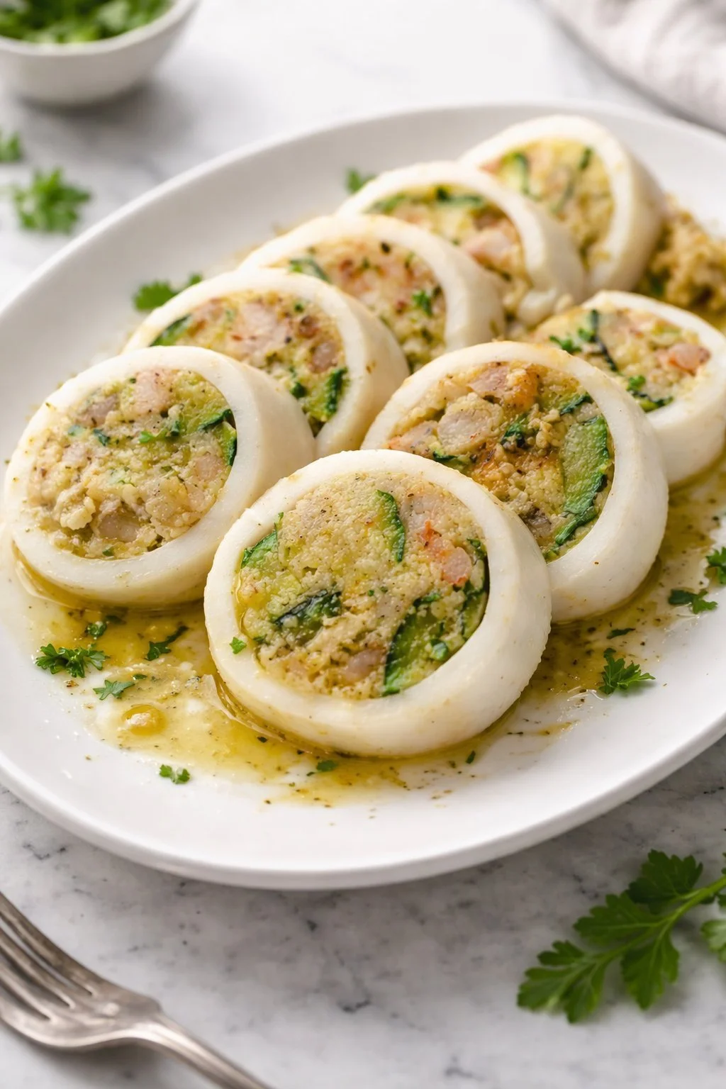 Tuben von Tintenfisch gefüllt mit Garnelen und Zucchini auf einem Teller.