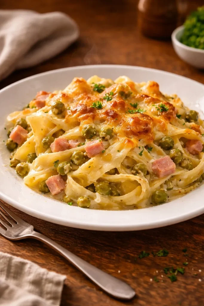 Überbackene Tagliatelle mit Schinken und Erbsen auf einem Teller serviert.