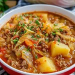 Wirsing-Eintopf mit Hackfleisch und Kartoffeln in einem Topf