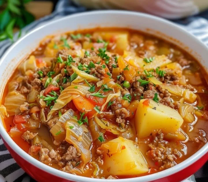 Wirsing-Eintopf mit Hackfleisch und Kartoffeln in einem Topf