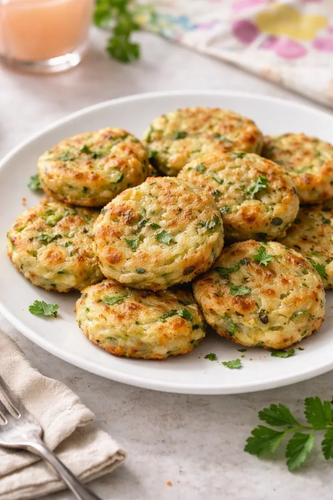 Zucchini-Puffer mit Kartoffeln und Mozzarella auf einem Teller angerichtet