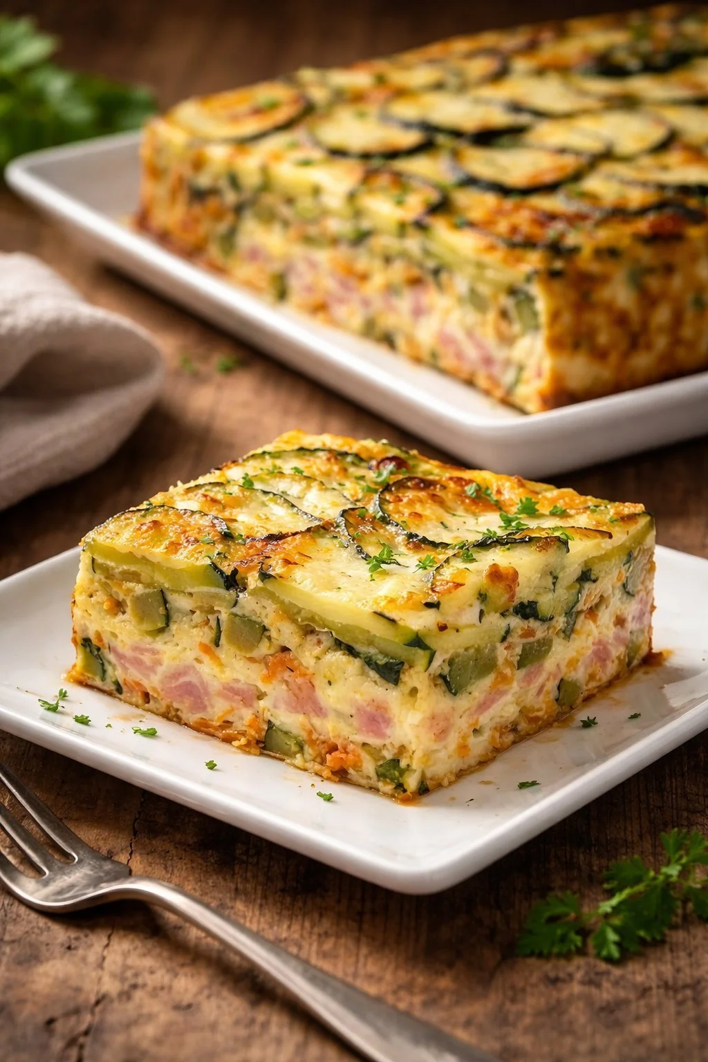 Zucchini-Pastete mit Schinken und Käse auf einem Teller